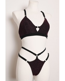 Starlight Set in black with burgundy shimmer and purple sequins, pole dance top and adjustable strap shorts, front view