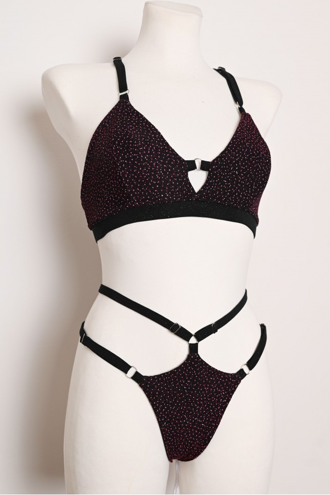 Starlight Set in black with burgundy shimmer and purple sequins, pole dance top and adjustable strap shorts, front view