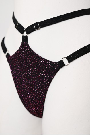 Starlight Set black shorts detail with purple sequins, shimmering fabric and adjustable glittery straps