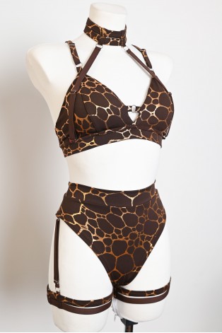 Giraffe Set brown and gold pole dance outfit with detachable neck and thigh straps, front view