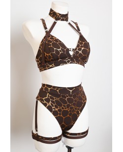 Giraffe Set brown and gold pole dance outfit with detachable neck and thigh straps, front view