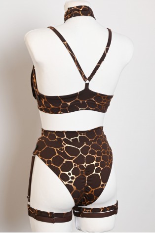 Giraffe Set brown and gold pole dance top and shorts with adjustable back straps and gathered shorts detail, back view