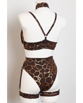 Giraffe Set brown and gold pole dance top and shorts with adjustable back straps and gathered shorts detail, back view
