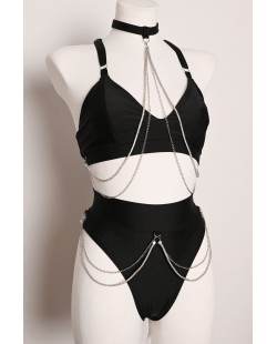 Chain Set black pole dance top and shorts with detachable silver chains, front view