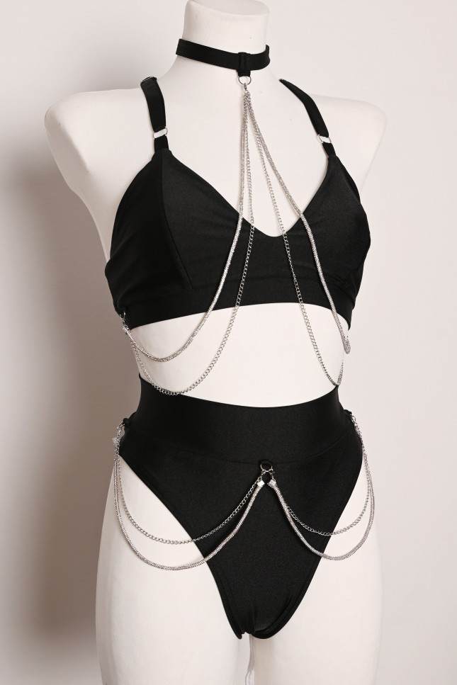 Chain Set black pole dance top and shorts with detachable silver chains, front view
