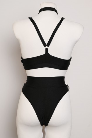 Chain Set black pole dance outfit showing the back of the top and high-cut shorts, back view