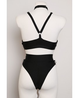 Chain Set black pole dance outfit showing the back of the top and high-cut shorts, back view