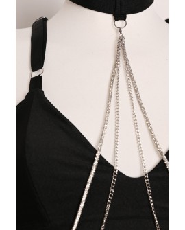 Chain Set close-up of detachable silver chains decorating the neckline of the black pole dance top