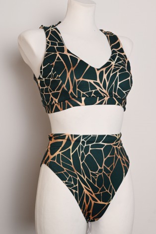 Forest Ember Set dark green and golden orange pole dance top and high-waisted shorts, front view