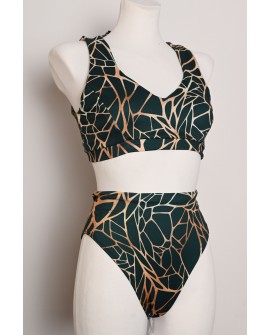 Forest Ember Set dark green and golden orange pole dance top and high-waisted shorts, front view