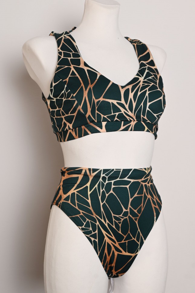 Forest Ember Set dark green and golden orange pole dance top and high-waisted shorts, front view