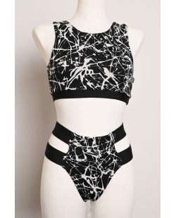 Splash Set black and white abstract pole dance outfit with patterned top and hip strap shorts, front view