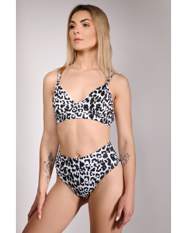 Leopard Zip Set black and white animal print pole dance outfit with matching top and high-waisted shorts, front view