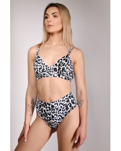 Leopard Zip Set black and white animal print pole dance outfit with matching top and high-waisted shorts, front view