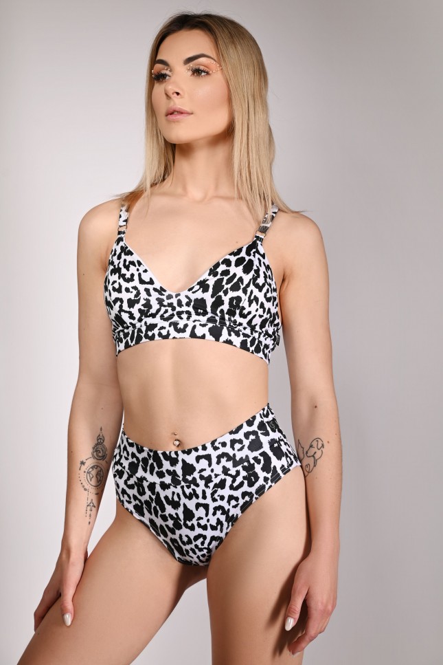 Leopard Zip Set black and white animal print pole dance outfit with matching top and high-waisted shorts, front view