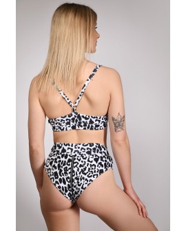 Leopard Zip Set black and white pole dance outfit showing the back of the top and decorative silver zipper on the shorts