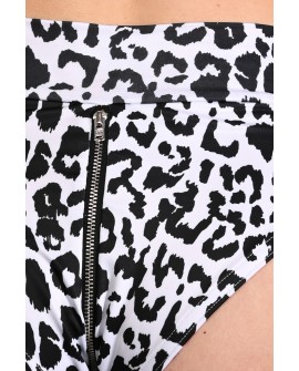 Close-up of the decorative silver zipper on the back of the Leopard Zip Set black and white leopard print shorts
