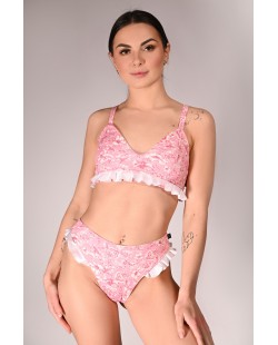 Rose Ruffles Set pink rose print pole dance top and shorts with cream ruffle trim, front view