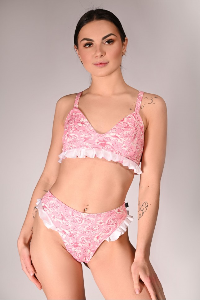 Rose Ruffles Set pink rose print pole dance top and shorts with cream ruffle trim, front view