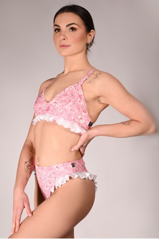 Rose Ruffles Set romantic pink floral pole dance outfit with delicate cream ruffles, side view