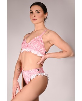 Rose Ruffles Set romantic pink floral pole dance outfit with delicate cream ruffles, side view