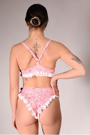 Rose Ruffles Set pink rose print pole dance outfit showing the back of the top and ruched shorts with cream ruffles