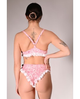 Rose Ruffles Set pink rose print pole dance outfit showing the back of the top and ruched shorts with cream ruffles