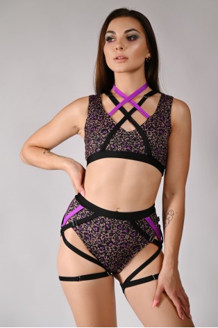 Wild Set animal print pole dance top and shorts with purple and black harness straps, front view
