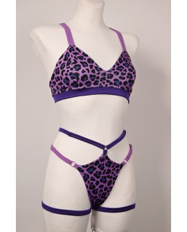 Caro Line Leopard Purple pole dance set with purple leopard print top and detachable thigh straps