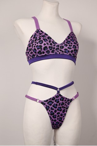 Leopard Purple two-piece exotic pole dance outfit with adjustable purple straps and leopard print
