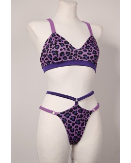 Leopard Purple two-piece exotic pole dance outfit with adjustable purple straps and leopard print