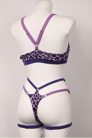 Back view of Caro Line Leopard Purple set showing adjustable glitter straps and strappy bottoms