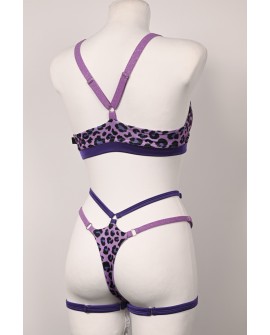 Back view of Caro Line Leopard Purple set showing adjustable glitter straps and strappy bottoms