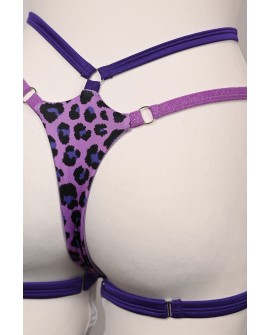 Close-up of Leopard Purple bottoms with adjustable purple hip straps, metal rings and leopard print