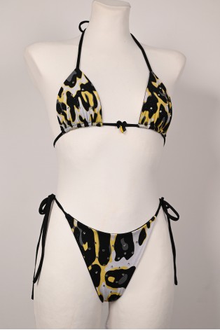 Caro Line Banana Bikini with black yellow and white leopard print, rhinestones and banana charms