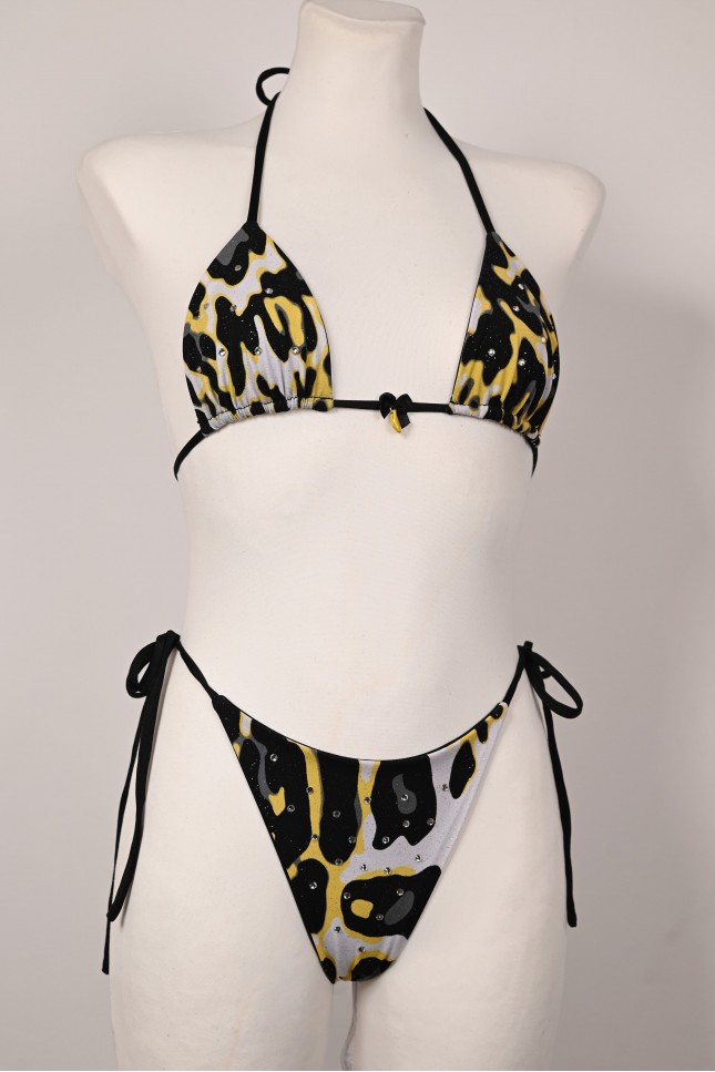 Caro Line Banana Bikini with black yellow and white leopard print, rhinestones and banana charms