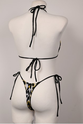 Back view of Caro Line Banana Bikini with adjustable black tie straps and leopard print bottoms