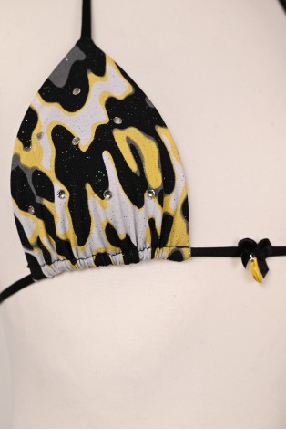 Close-up of Banana Bikini triangle top with glitter leopard print, rhinestones and black bow