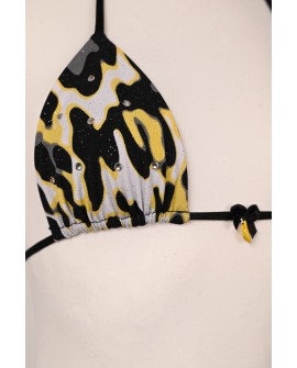 Close-up of Banana Bikini triangle top with glitter leopard print, rhinestones and black bow