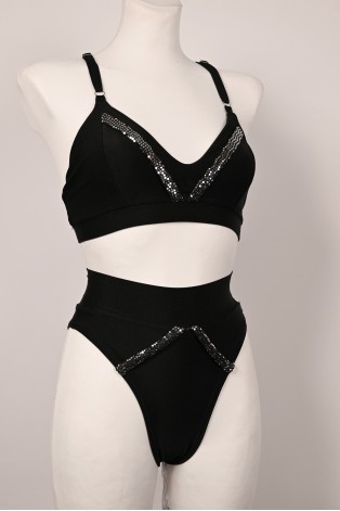 Caro Line Silver Rush black pole dance set with silver sequin details and high-waisted shorts