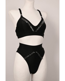 Caro Line Silver Rush black pole dance set with silver sequin details and high-waisted shorts