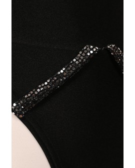 Silver sequin trim detail on the black Caro Line Silver Rush dance set