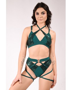 Caro Line Siren Set Deep Green pole dance outfit with emerald glitter fabric and reflective sequin panels
