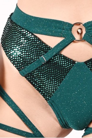 Close-up of Siren Deep Green bottoms with sequin inserts, adjustable straps and decorative ring detail