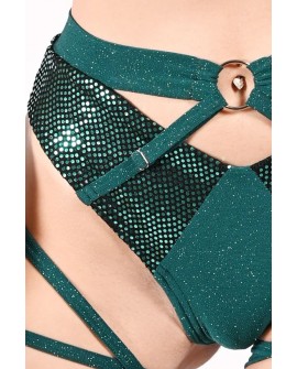 Close-up of Siren Deep Green bottoms with sequin inserts, adjustable straps and decorative ring detail