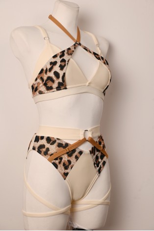 Caro Line Vanilla Leopard exotic pole dance outfit with adjustable decorative straps, side view