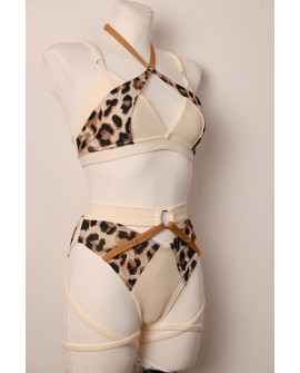 Caro Line Vanilla Leopard exotic pole dance outfit with adjustable decorative straps, side view