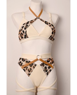 Caro Line Vanilla Leopard pole dance set in vanilla and leopard print, front view, size M