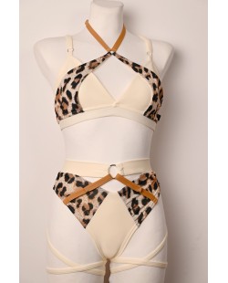 Caro Line Vanilla Leopard pole dance set in vanilla and leopard print, front view, size M