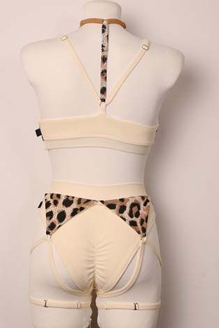 Caro Line Vanilla Leopard pole dance set with ruched bottoms and leopard-print panels, back view